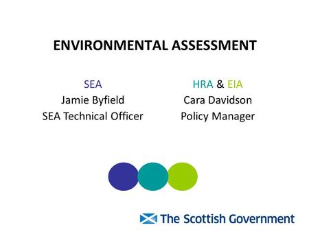 ENVIRONMENTAL ASSESSMENT SEA Jamie Byfield SEA Technical Officer HRA & EIA Cara Davidson Policy Manager.