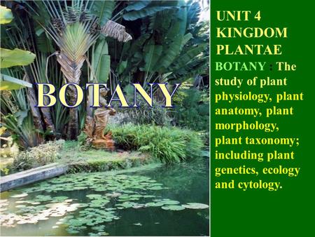 UNIT 4 KINGDOM PLANTAE BOTANY : The study of plant physiology, plant anatomy, plant morphology, plant taxonomy; including plant genetics, ecology and cytology.