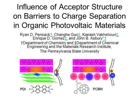 Influence of Acceptor Structure on Barriers to Charge Separation in Organic Photovoltaic Materials Ryan D. Pensack†, Changhe Guo‡, Kiarash Vakhshouri‡,