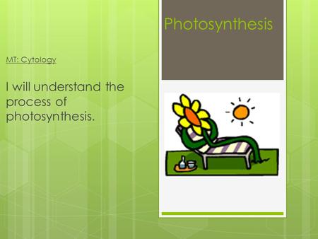 Photosynthesis MT: Cytology I will understand the process of photosynthesis.