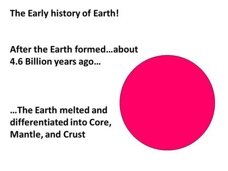 The Early history of Earth! After the Earth formed…about 4.6 Billion years ago… …The Earth melted and differentiated into Core, Mantle, and Crust.