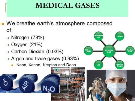 1 MEDICAL GASES We breathe earth’s atmosphere composed of:  Nitrogen (78%)  Oxygen (21%)  Carbon Dioxide (0.03%)  Argon and trace gases (0.93%) Neon,