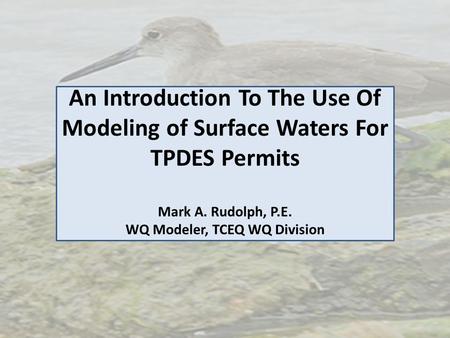 An Introduction To The Use Of Modeling of Surface Waters For TPDES Permits Mark A. Rudolph, P.E. WQ Modeler, TCEQ WQ Division.