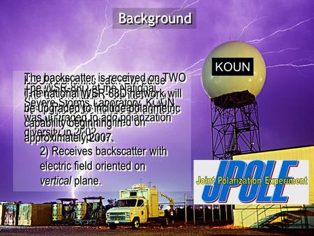 The WSR-88D at the National Severe Storms Laboratory, KOUN, was upgraded to add polarization diversity in 2002. KOUN transmits each EM pulse with an orientation.