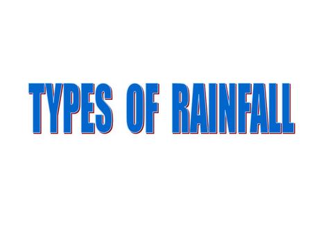 CONVECTIONAL This type os rainfall is characteristic of hot climates The Sun heats the ground and water evapores As water vapour rises, it cools When.