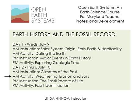 Open Earth Systems: An Earth Science Course For Maryland Teacher Professional Development EARTH HISTORY AND THE FOSSIL RECORD DAY 1 - Weds. July 9 AM Instruction: