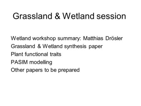 Grassland & Wetland session Wetland workshop summary: Matthias Drösler Grassland & Wetland synthesis paper Plant functional traits PASIM modelling Other.