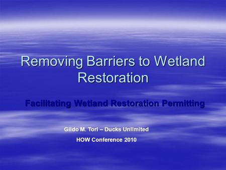 Removing Barriers to Wetland Restoration Facilitating Wetland Restoration Permitting Gildo M. Tori – Ducks Unlimited HOW Conference 2010.