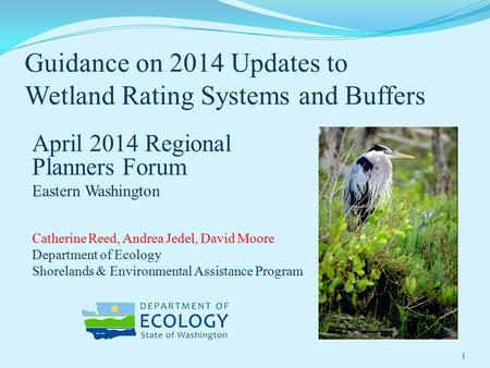 Guidance on 2014 Updates to Wetland Rating Systems and Buffers April 2014 Regional Planners Forum Eastern Washington Catherine Reed, Andrea Jedel, David.