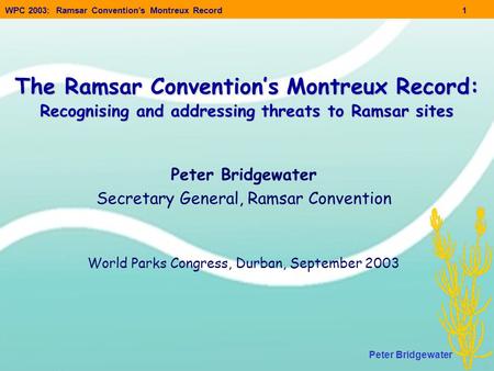 WPC 2003: Ramsar Convention’s Montreux Record1 Peter Bridgewater The Ramsar Convention’s Montreux Record: Recognising and addressing threats to Ramsar.