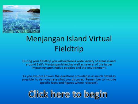 Menjangan Island Virtual Fieldtrip During your fieldtrip you will explore a wide variety of areas in and around Bali’s Menjangan Island as well as several.