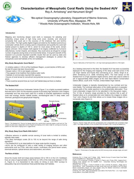 Characterization of Mesophotic Coral Reefs Using the Seabed AUV Roy A. Armstrong 1 and Hanumant Singh 2 1 Bio-optical Oceanography Laboratory, Deapartment.