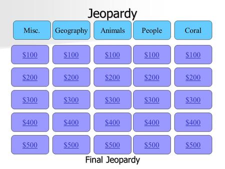 Jeopardy $100 Misc.GeographyAnimalsPeopleCoral $200 $300 $400 $500 $400 $300 $200 $100 $500 $400 $300 $200 $100 $500 $400 $300 $200 $100 $500 $400 $300.