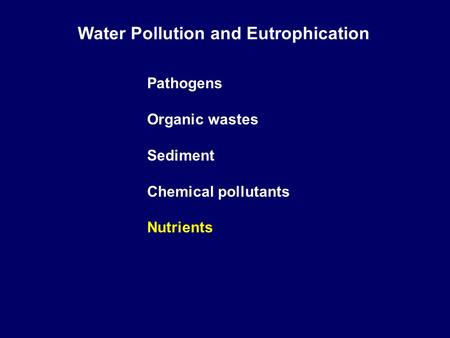 Water Pollution and Eutrophication Pathogens Organic wastes Sediment Chemical pollutants Nutrients.
