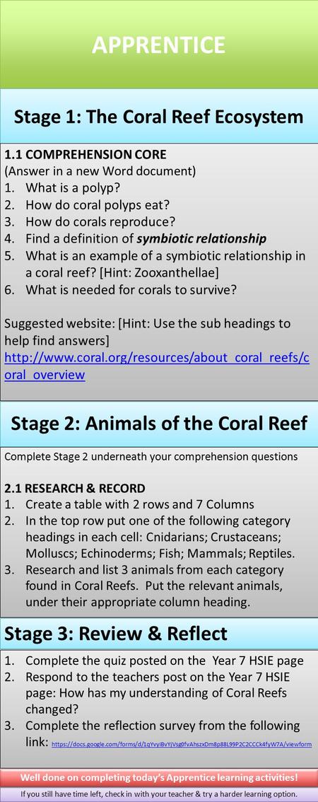 APPRENTICE Stage 1: The Coral Reef Ecosystem 1.1 COMPREHENSION CORE (Answer in a new Word document) 1.What is a polyp? 2.How do coral polyps eat? 3.How.