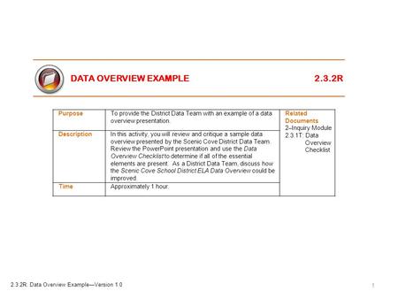PurposeTo provide the District Data Team with an example of a data overview presentation. Related Documents 2–Inquiry Module 2.3.1T: Data Overview Checklist.