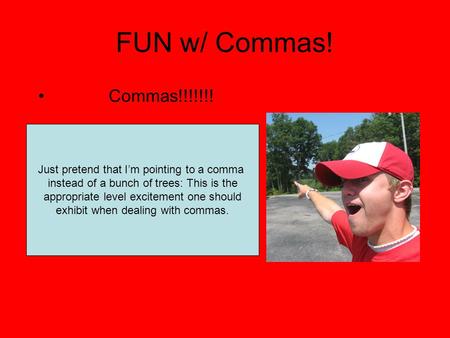 FUN w/ Commas! Commas!!!!!!! Just pretend that I’m pointing to a comma instead of a bunch of trees: This is the appropriate level excitement one should.