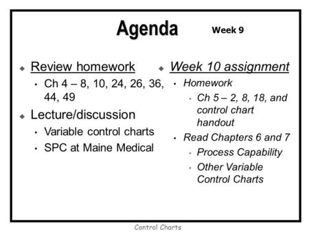 Agenda Review homework Lecture/discussion Week 10 assignment
