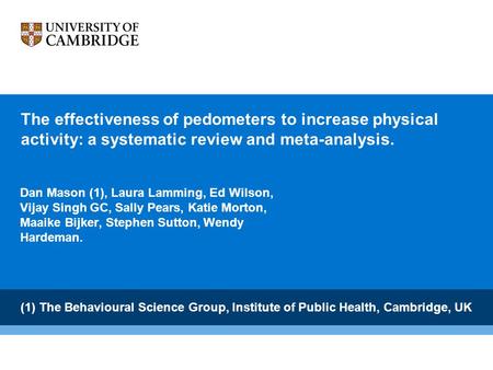 The effectiveness of pedometers to increase physical activity: a systematic review and meta-analysis. Dan Mason (1), Laura Lamming, Ed Wilson, Vijay Singh.