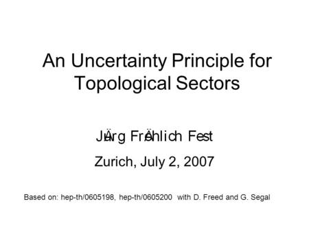 An Uncertainty Principle for Topological Sectors Zurich, July 2, 2007 TexPoint fonts used in EMF: AA A AAA A A AA A A A Based on: hep-th/0605198, hep-th/0605200.