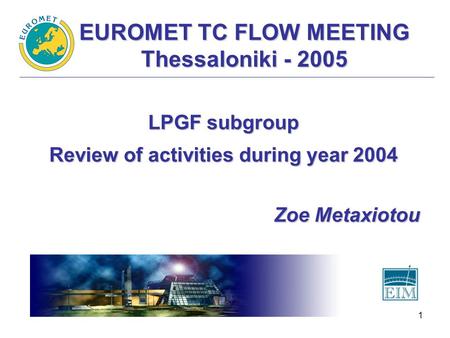 1 EUROMET TC FLOW MEETING Thessaloniki - 2005 LPGF subgroup Review of activities during year 2004 Zoe Metaxiotou.