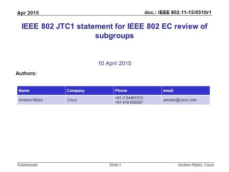 Doc.: IEEE 802.11-15/0510r1 Submission Apr 2015 Andrew Myles, CiscoSlide 1 IEEE 802 JTC1 statement for IEEE 802 EC review of subgroups 10 April 2015 Authors: