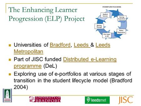 The Enhancing Learner Progression (ELP) Project Universities of Bradford, Leeds & Leeds MetropolitanBradfordLeeds Metropolitan Part of JISC funded Distributed.