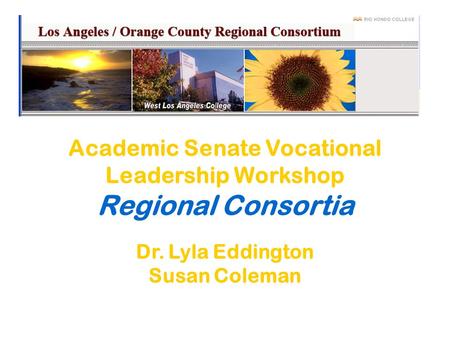 Academic Senate Vocational Leadership Workshop Regional Consortia Dr. Lyla Eddington Susan Coleman.