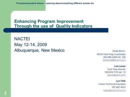 1 Enhancing Program Improvement Through the use of Quality Indicators NACTEI May 12-14, 2009 Albuquerque, New Mexico Dodie Bemis NESD Tech Prep Coordinator.