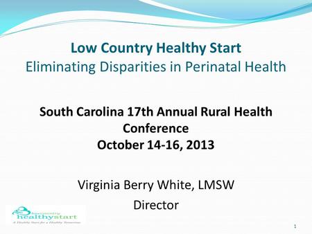 1 Low Country Healthy Start Eliminating Disparities in Perinatal Health South Carolina 17th Annual Rural Health Conference October 14-16, 2013 Virginia.