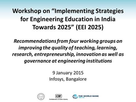 Workshop on “Implementing Strategies for Engineering Education in India Towards 2025” (EEI 2025) Recommendations from four working groups on improving.