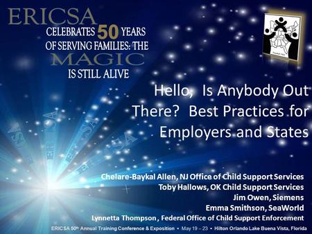 Hello, Is Anybody Out There? Best Practices for Employers and States Chelare-Baykal Allen, NJ Office of Child Support Services Toby Hallows, OK Child Support.