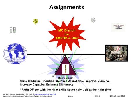 Assignments MC Branch for AMEDD & HRC #2 Professional Development # 3 Family Priorities #1Army Mission Army Medicine Priorities- Combat Operations, Improve.
