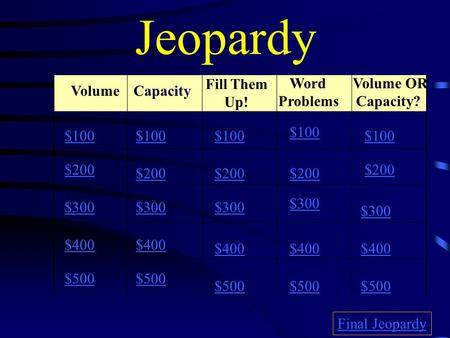Jeopardy Volume Fill Them Up! Word Problems Volume OR Capacity? $100 $200 $300 $400 $500 $100 $200 $300 $400 $500 Final Jeopardy Capacity.