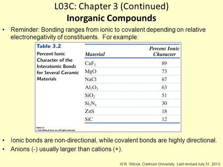 L03C: Chapter 3 (Continued) Inorganic Compounds Reminder: Bonding ranges from ionic to covalent depending on relative electronegativity of constituents.