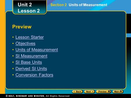 Unit 2 Lesson 2 Preview Lesson Starter Objectives Units of Measurement