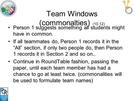 Person 1 suggests something all students might have in common. If all teammates do, Person 1 records it in the “All” section, if only two people do, then.