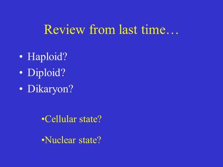 Review from last time… Haploid? Diploid? Dikaryon? Nuclear state? Cellular state?