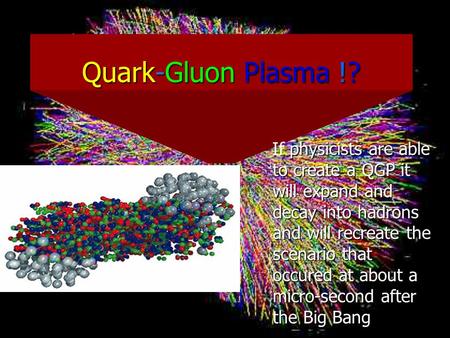 Quark-Gluon Plasma !? If physicists are able to create a QGP it will expand and decay into hadrons and will recreate the scenario that occured at about.