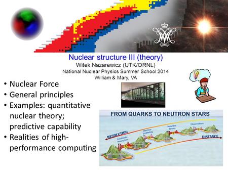 Nuclear Force General principles Examples: quantitative nuclear theory; predictive capability Realities of high- performance computing Nuclear structure.