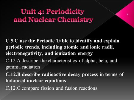 Unit 4: Periodicity and Nuclear Chemistry