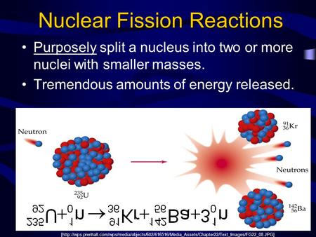 Nuclear Fission Reactions Purposely split a nucleus into two or more nuclei with smaller masses. Tremendous amounts of energy released. [http://wps.prenhall.com/wps/media/objects/602/616516/Media_Assets/Chapter22/Text_Images/FG22_08.JPG]