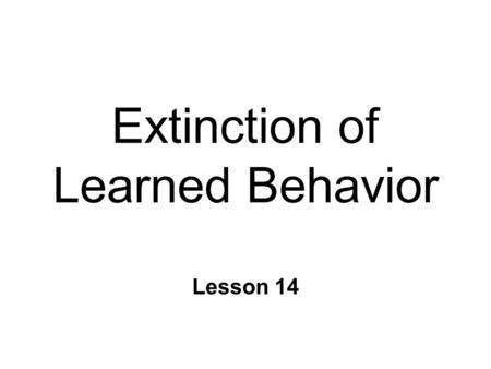 Extinction of Learned Behavior Lesson 14. Extinction of Reinforced Behavior n Behavior changes relatively permanent l Modifiable if situation changes.