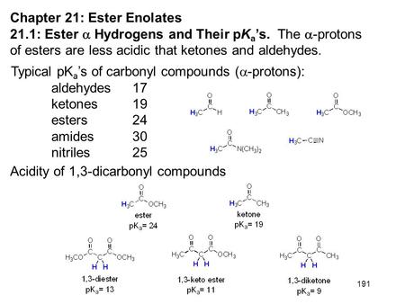 191 Chapter 21: Ester Enolates 21.1: Ester  Hydrogens and Their pK a ’s. The  -protons of esters are less acidic that ketones and aldehydes. Typical.