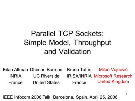 1 Parallel TCP Sockets: Simple Model, Throughput and Validation Milan Vojnović Microsoft Research United Kingdom Bruno Tuffin IRISA/INRIA France Dhiman.