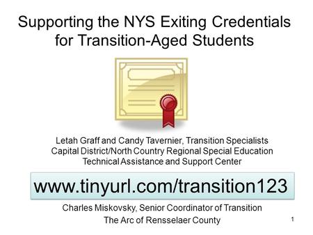 Supporting the NYS Exiting Credentials for Transition-Aged Students 1 Letah Graff and Candy Tavernier, Transition Specialists Capital District/North Country.