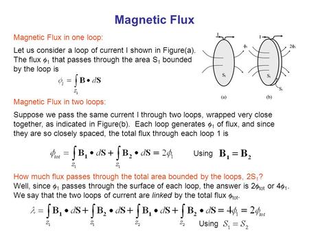 Magnetic Flux Let us consider a loop of current I shown in Figure(a). The flux  1 that passes through the area S 1 bounded by the loop is Suppose we pass.
