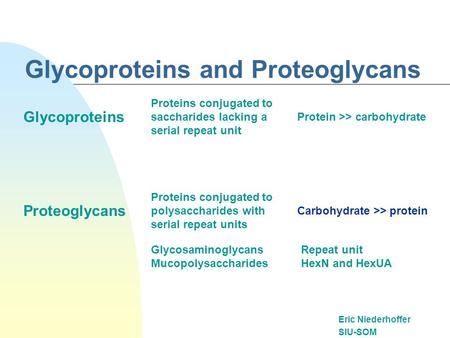 Glycoproteins and Proteoglycans Eric Niederhoffer SIU-SOM Glycoproteins Proteins conjugated to saccharides lacking a serial repeat unit Proteoglycans Proteins.