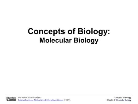 This work is licensed under a Creative Commons Attribution 4.0 International License (CC-BY). Concepts of Biology Chapter 9: Molecular Biology Concepts.