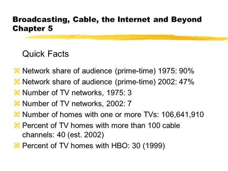 Broadcasting, Cable, the Internet and Beyond Chapter 5 Quick Facts zNetwork share of audience (prime-time) 1975: 90% zNetwork share of audience (prime-time)